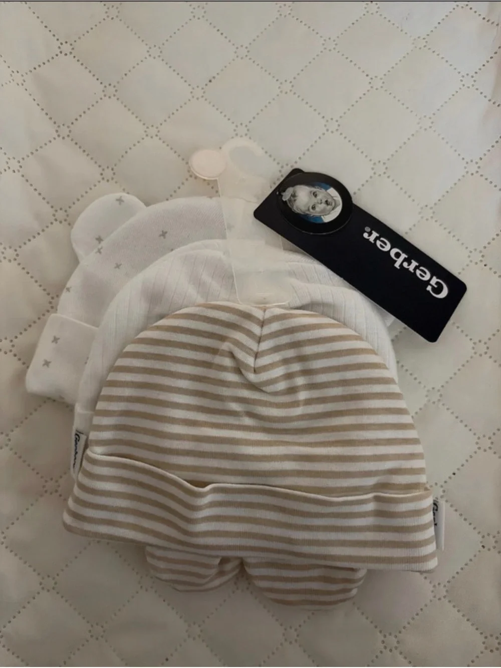 Gerber Neutral Stripe Baby Beanie Set - Beige & White